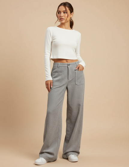 Pantalon Velours Gris Côtelé Droit Décontracté Femme - Cordé