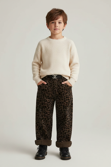 Pantalon Velours Léopard Marron Ample Enfant Hiver