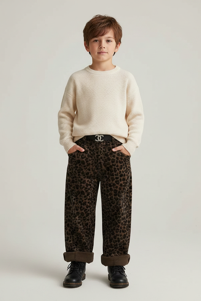 Pantalon Velours Léopard Marron Ample Enfant Hiver