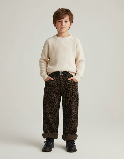 Pantalon Velours Léopard Marron Ample Enfant Hiver