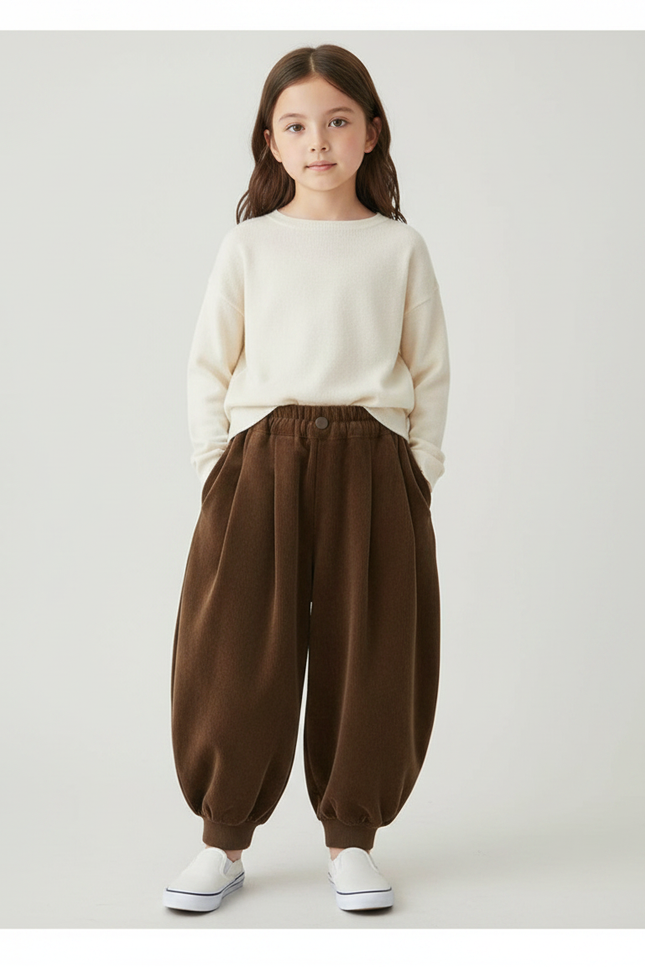 Pantalon Velours Marron Ample Côtelé Élastique Fille