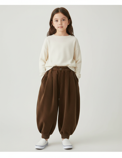 Pantalon Velours Marron Ample Côtelé Élastique Fille
