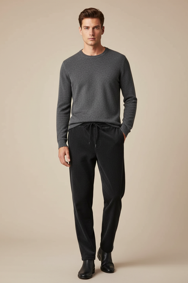 Pantalon Velours Côtelé Noir Décontracté Cordon Élastique Homme - Cordé
