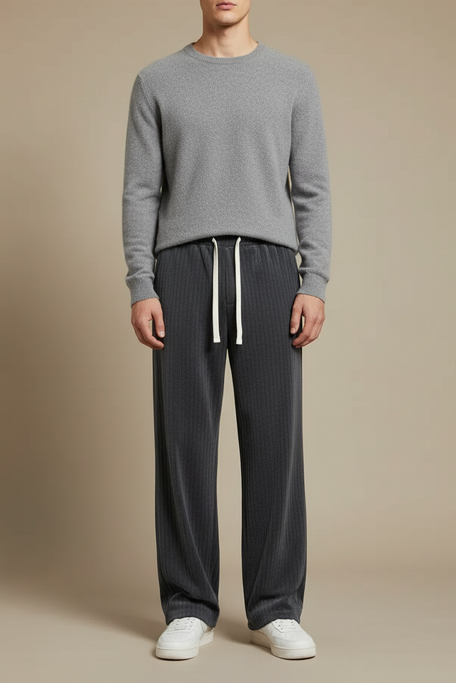 Pantalon Velours Côtelé Gris Ample Confortable Droit Homme - Cordé