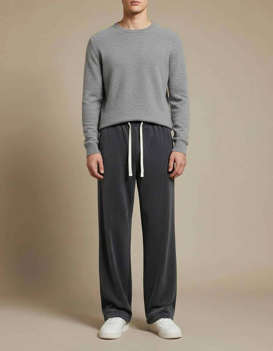 Pantalon Velours Côtelé Gris Ample Confortable Droit Homme - Cordé