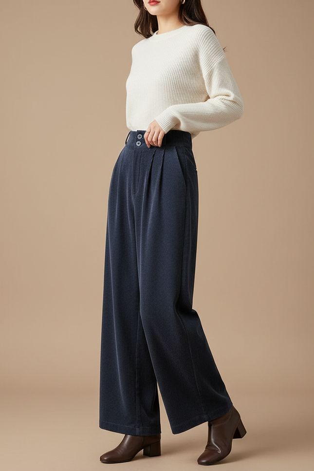 Pantalon Velours Côtelé Bleu Marine Ample Taille Haute - Cordé