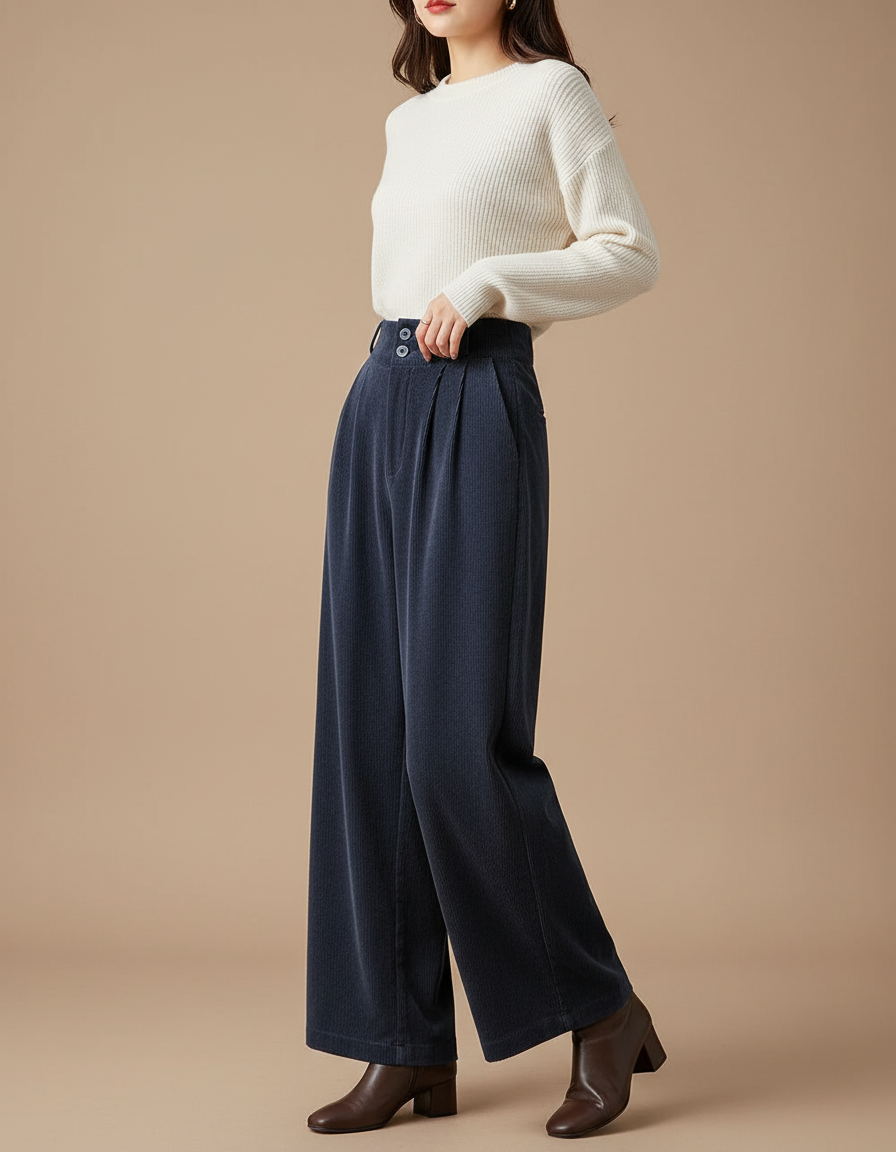 Pantalon Velours Côtelé Bleu Marine Ample Taille Haute - Cordé
