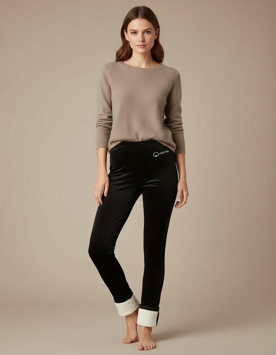 Pantalon Velours Noir Slim Doublé Sherpa Femme