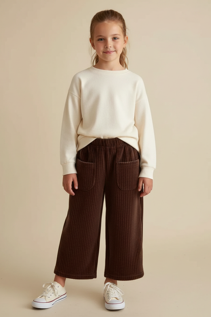 Pantalon Velours Marron Côtelé Large Élastiqué Fille - Cordé