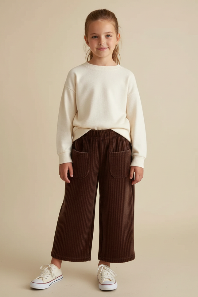 Pantalon Velours Marron Côtelé Large Élastiqué Fille - Cordé