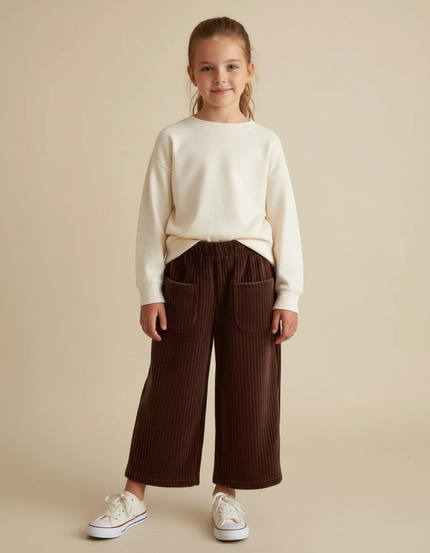 Pantalon Velours Marron Côtelé Large Élastiqué Fille - Cordé