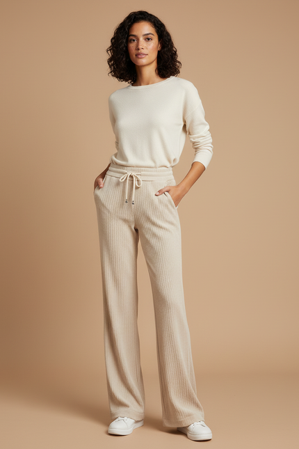 Pantalon Velours Femme Beige Large Côtelé Fin 2 - Maille