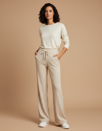Pantalon Velours Femme Beige Large Côtelé Fin 2 - Maille