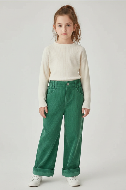 Pantalon Velours Vert Côtelé Ample Décontracté Enfant - Cordé