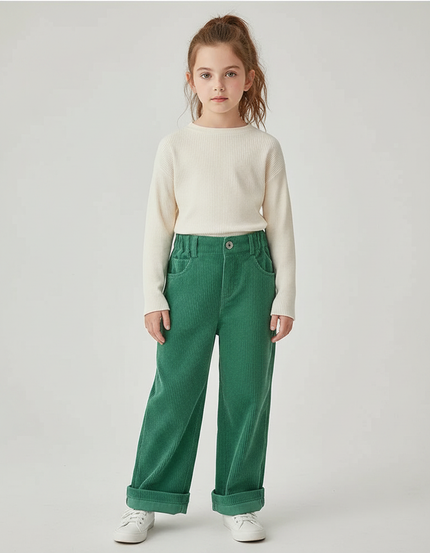 Pantalon Velours Vert Côtelé Ample Décontracté Enfant - Cordé