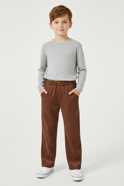Pantalon Velours Marron Côtelé Ample Décontracté Garçon - Cordé