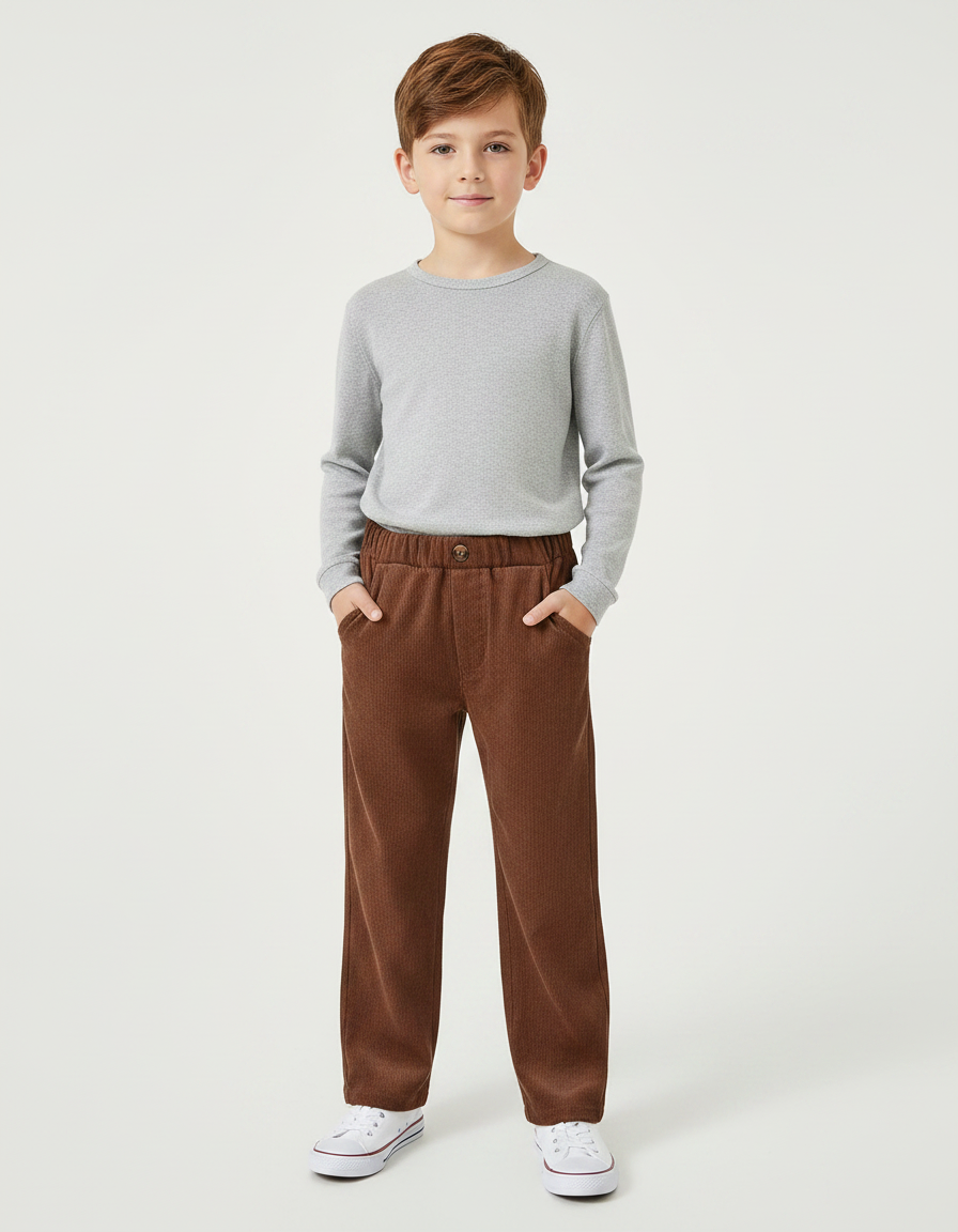 Pantalon Velours Marron Côtelé Ample Décontracté Garçon - Cordé