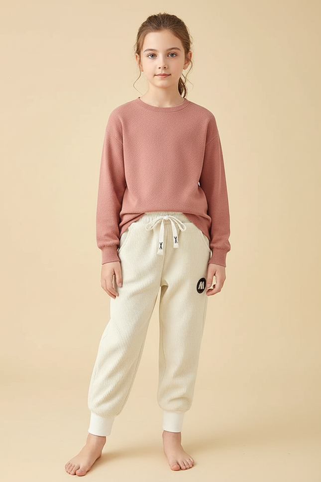 Pantalon Velours Côtelé Crème Enfant Confortable Chaud - Beige Cordé