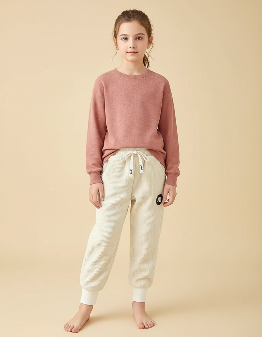 Pantalon Velours Côtelé Crème Enfant Confortable Chaud - Beige Cordé