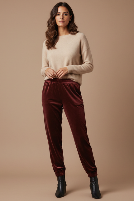 Pantalon Velours Bordeaux Fluide Confortable Femme Élégant