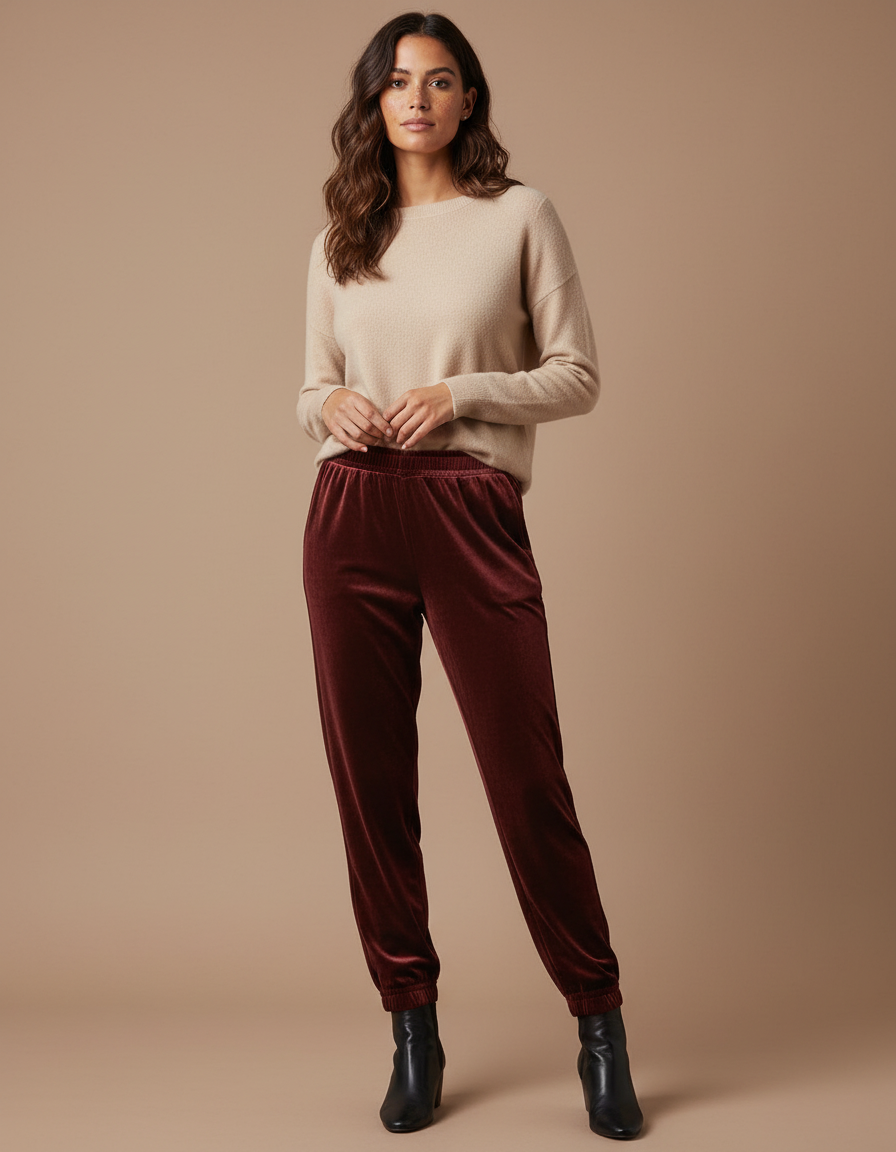 Pantalon Velours Bordeaux Fluide Confortable Femme Élégant