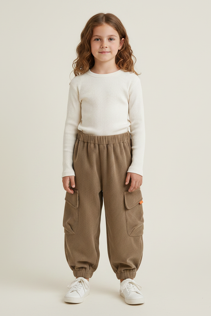 Pantalon Velours Cargo Marron Côtelé Élastiqué Enfant - Cordé