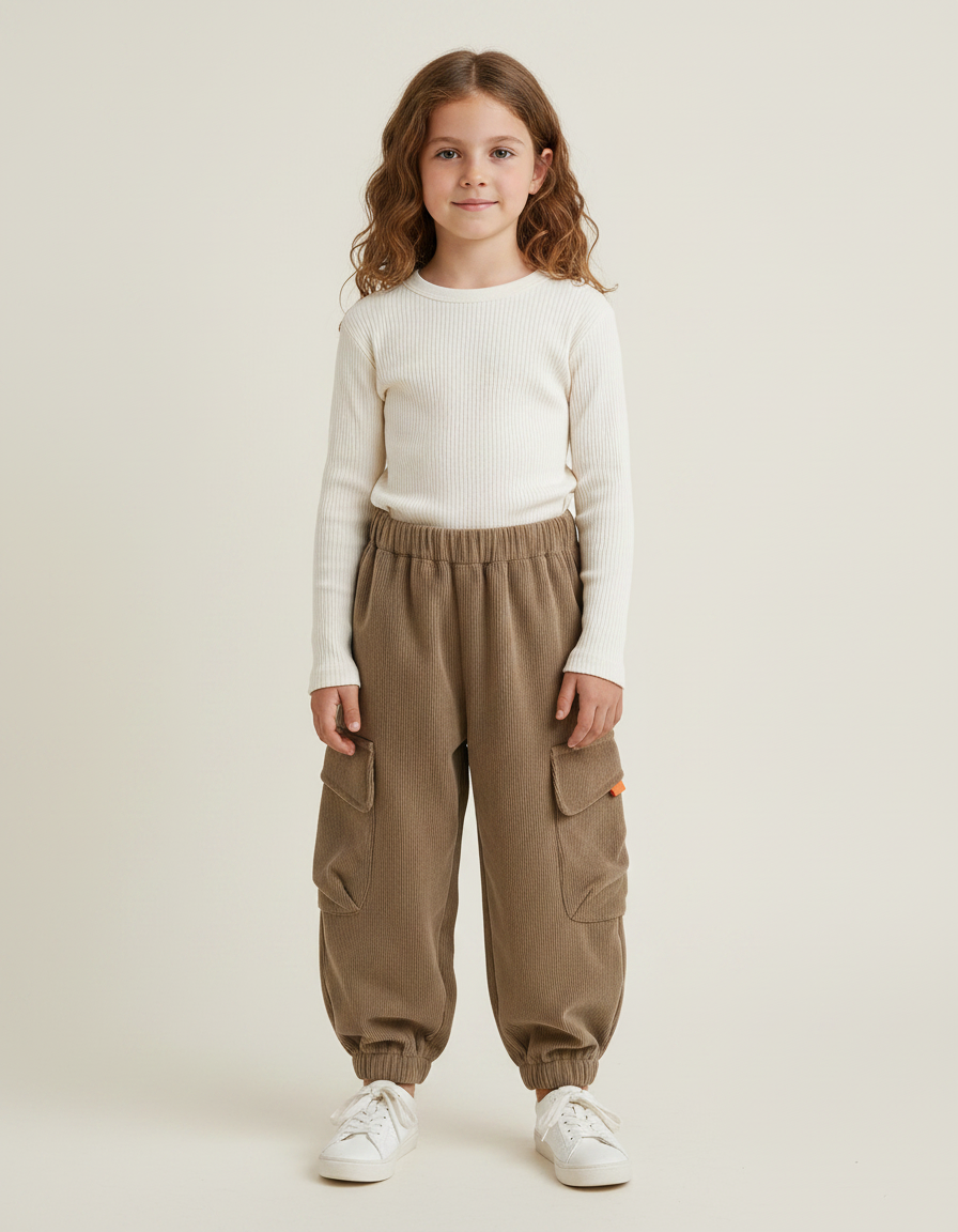 Pantalon Velours Cargo Marron Côtelé Élastiqué Enfant - Cordé