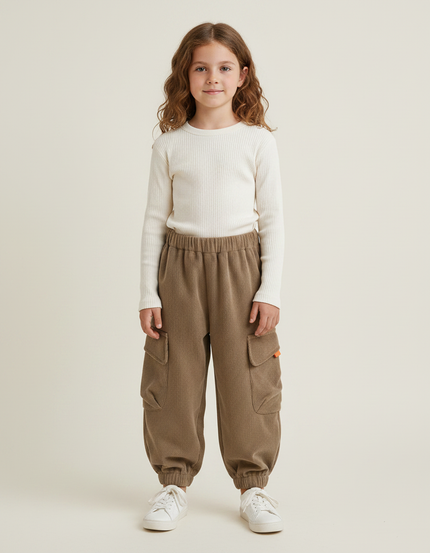 Pantalon Velours Cargo Marron Côtelé Élastiqué Enfant - Cordé