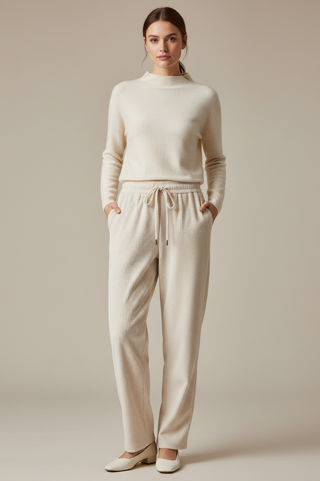 Pantalon Velours Côtelé Écru Ample Cordon Décontracté - Beige Cordé