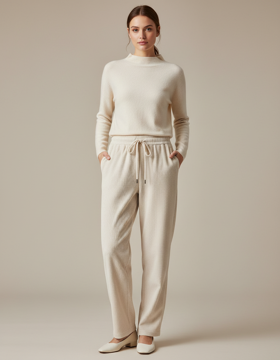 Pantalon Velours Côtelé Écru Ample Cordon Décontracté - Beige Cordé