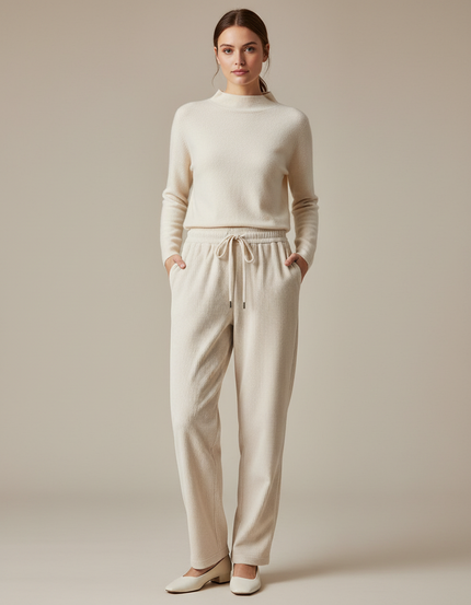 Pantalon Velours Côtelé Écru Ample Cordon Décontracté - Beige Cordé