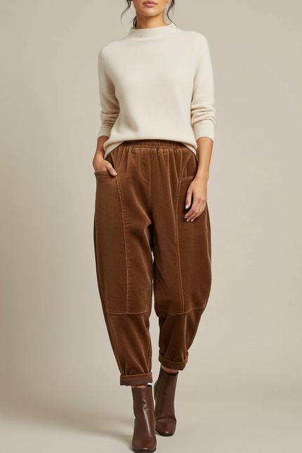 Pantalon Velours Marron Côtelé Harem Ample Décontracté - Cordé