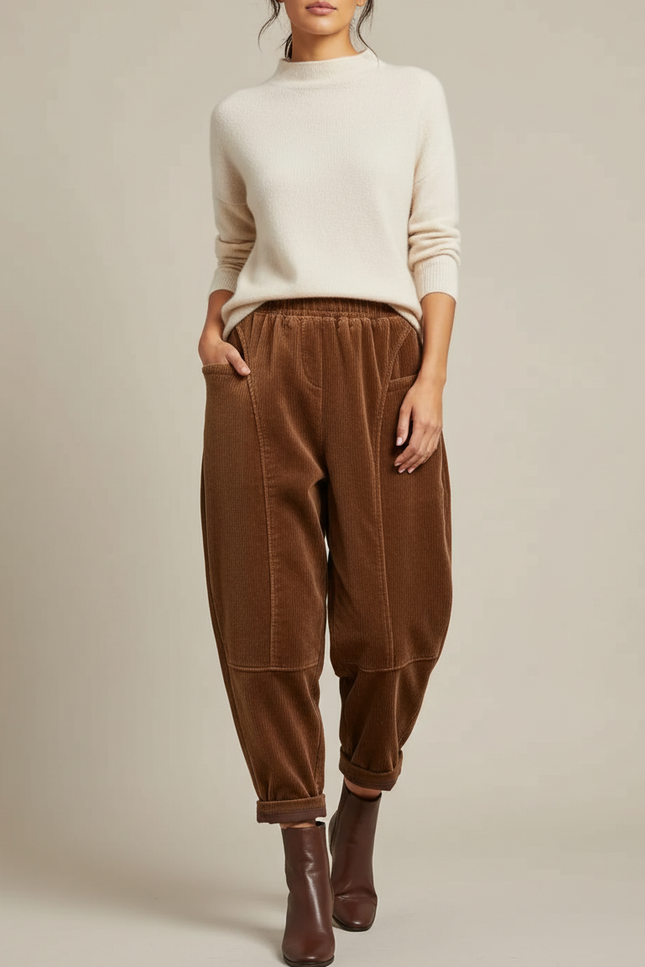 Pantalon Velours Marron Côtelé Harem Ample Décontracté - Cordé