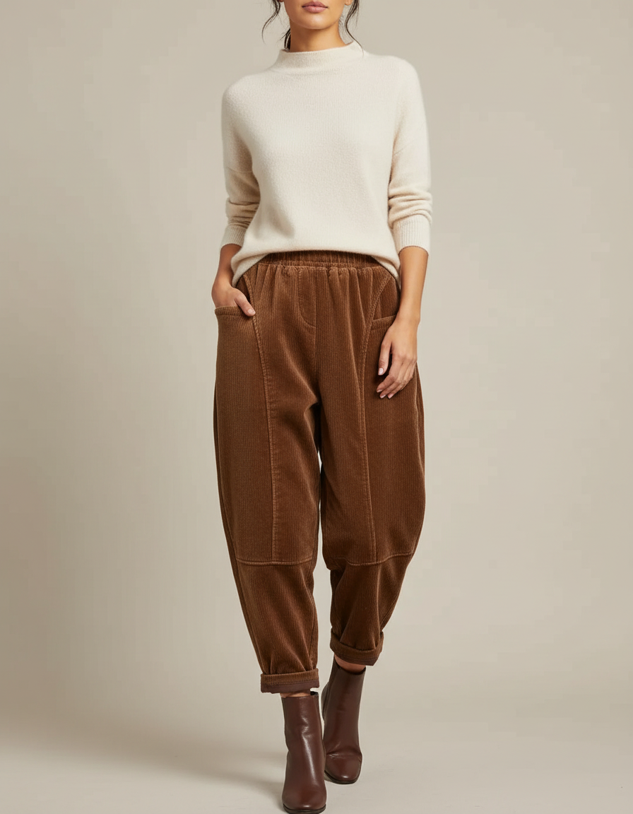 Pantalon Velours Marron Côtelé Harem Ample Décontracté - Cordé