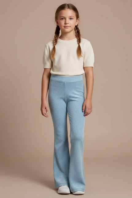 Pantalon Velours Bleu Côtelé Évasé Confortable Fille - Cordé