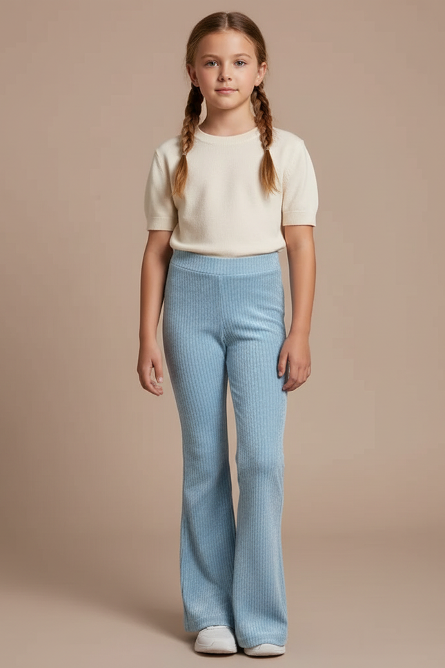 Pantalon Velours Bleu Côtelé Évasé Confortable Fille - Cordé