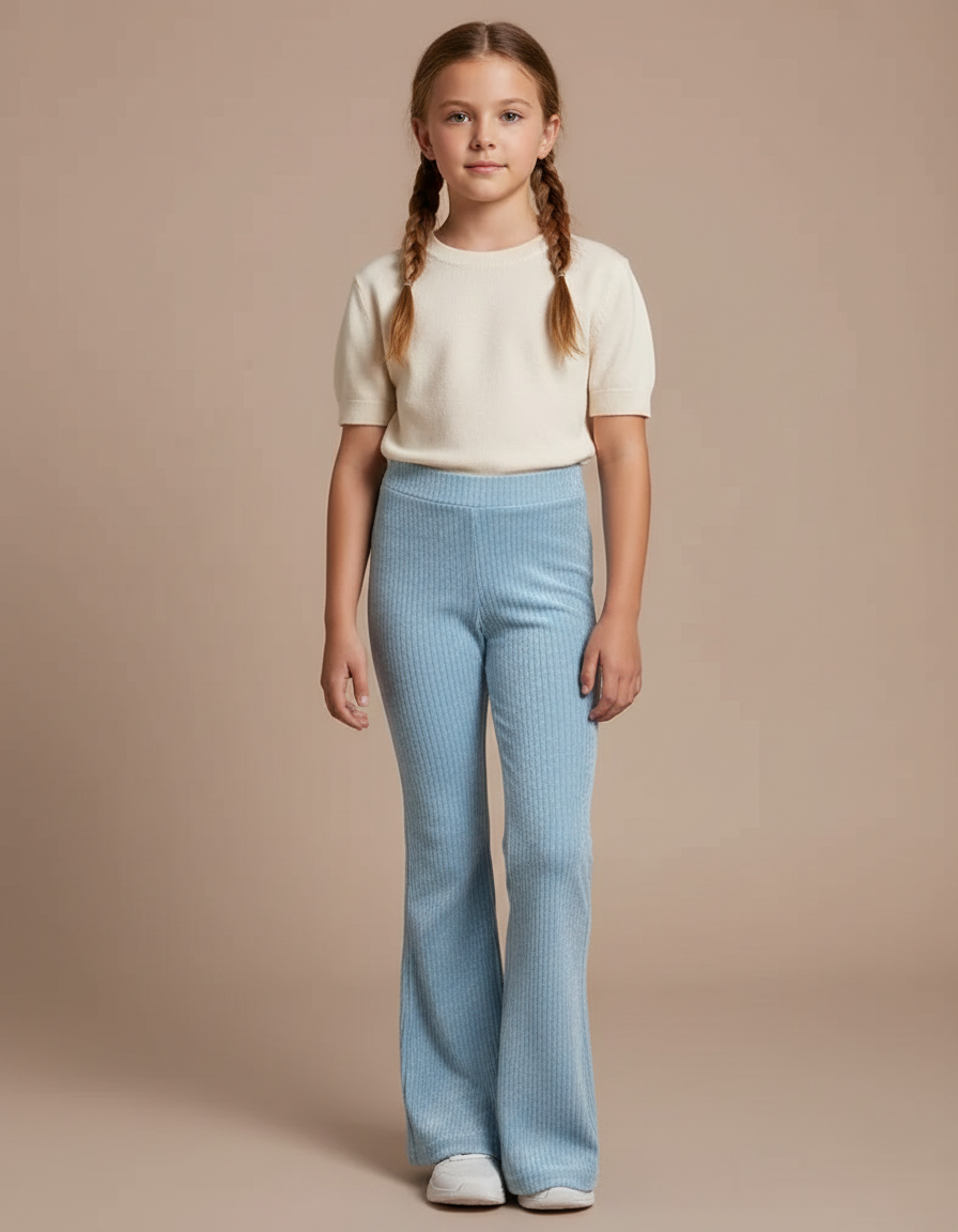 Pantalon Velours Bleu Côtelé Évasé Confortable Fille - Cordé