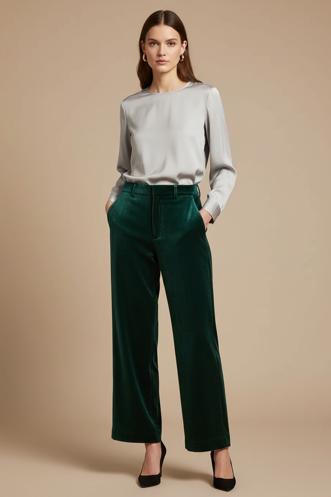 Pantalon Velours Vert Émeraude Droit Élégant Femme