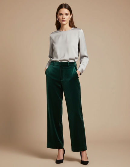 Pantalon Velours Vert Émeraude Droit Élégant Femme