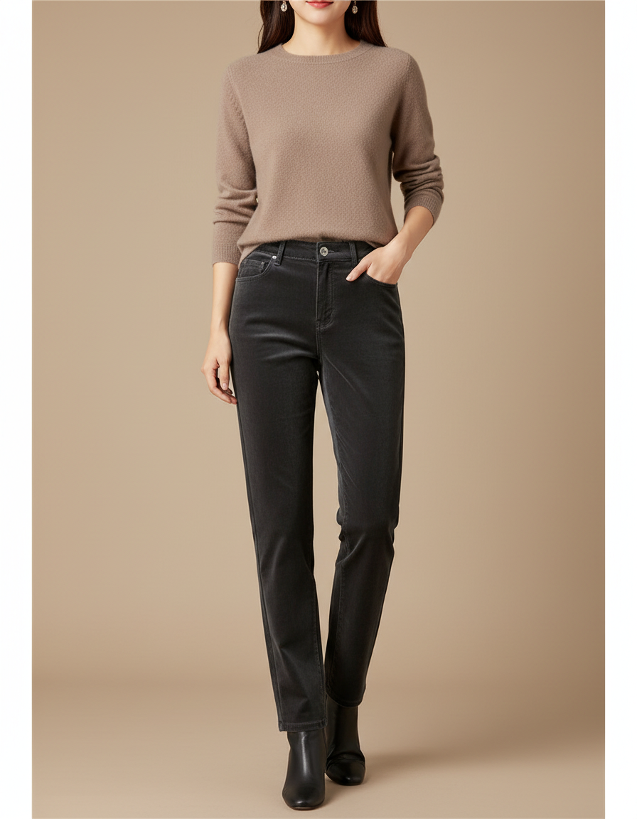 Pantalon Velours Noir Côtelé Droit Hiver Femme - Cordé