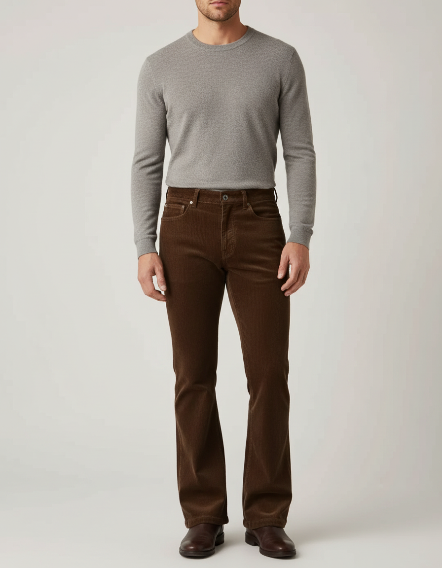 Pantalon Velours Côtelé Marron Évasé Homme Ajusté - Cordé