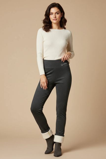 Pantalon Velours Gris Slim Taille Haute Molletonné Femme