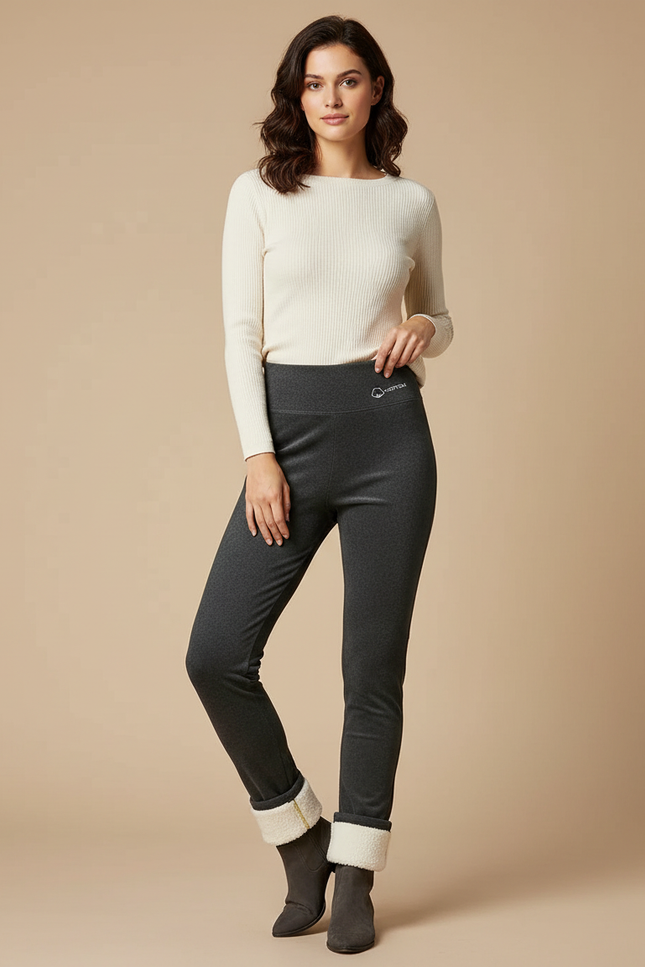 Pantalon Velours Gris Slim Taille Haute Molletonné Femme