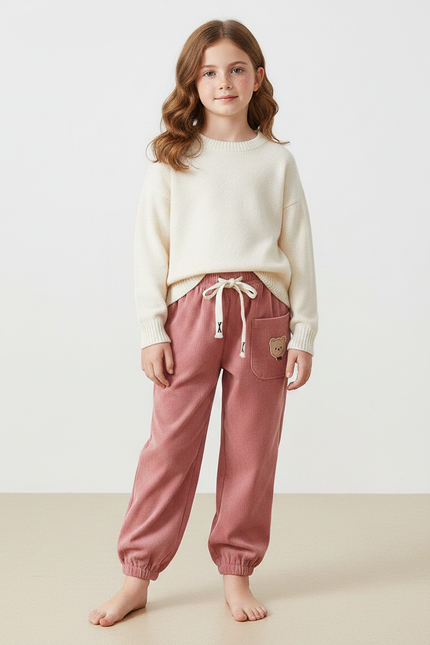 Pantalon Velours Rose Côtelé Ample Brodé Enfant - Cordé