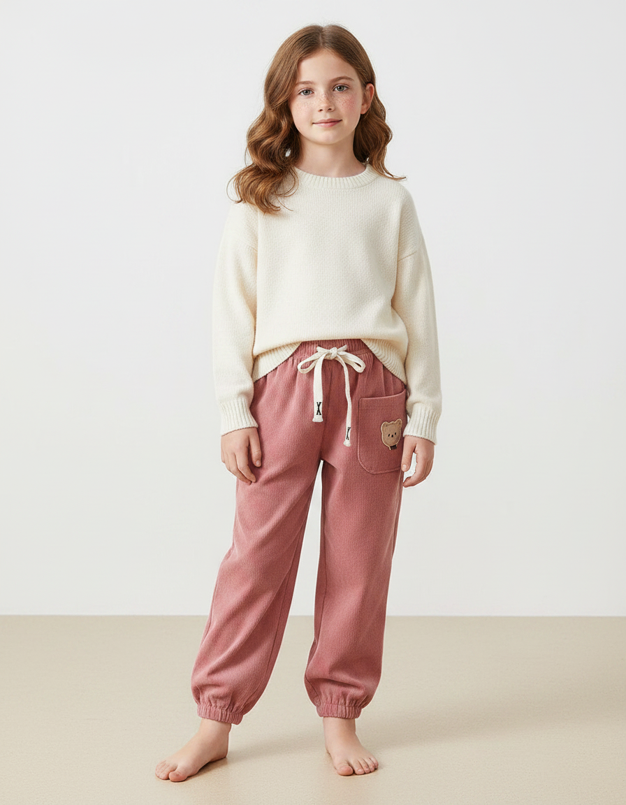 Pantalon Velours Rose Côtelé Ample Brodé Enfant - Cordé