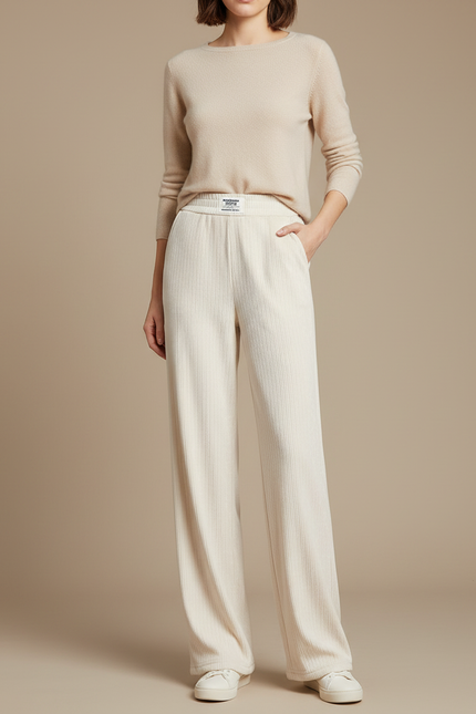 Pantalon Velours Côtelé Crème Ample Décontracté Élégant - Beige