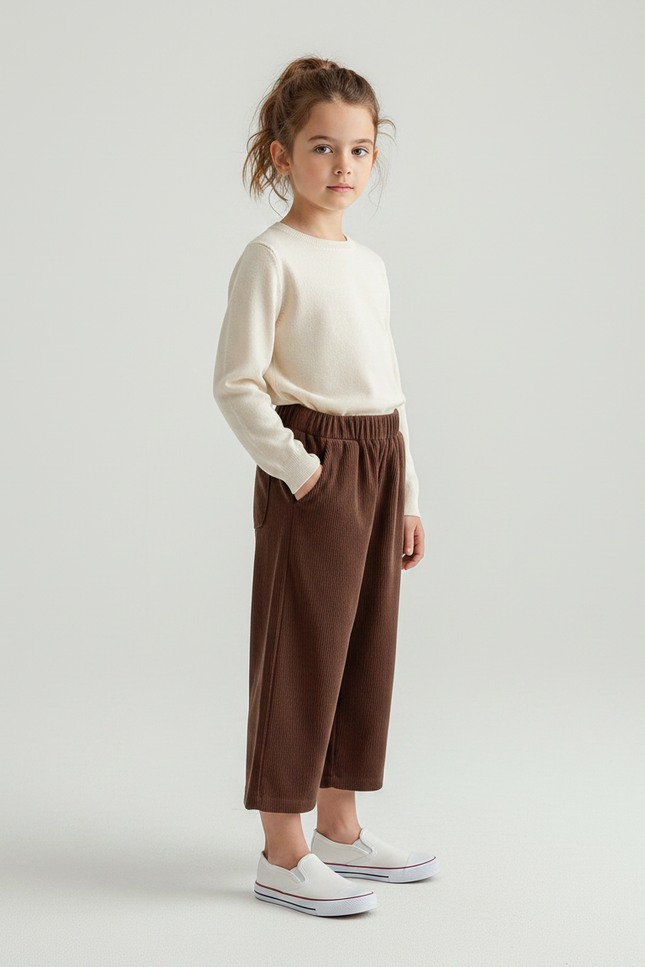 Pantalon Velours Fille Marron Large - Cordé