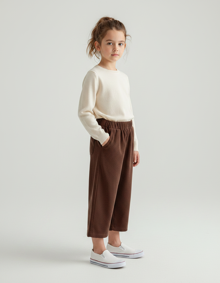 Pantalon Velours Fille Marron Large - Cordé