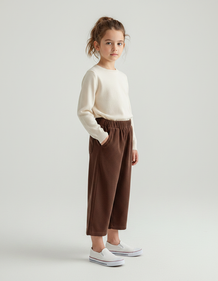 Pantalon Velours Fille Marron Large - Cordé