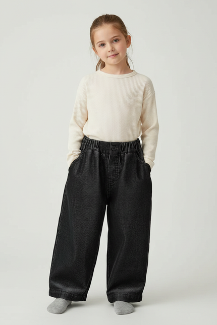Pantalon Velours Fille Noir Large Côtelé Fin - Cordé